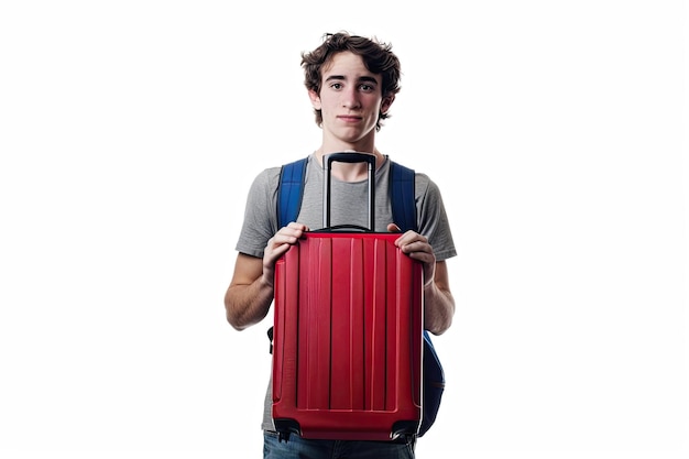 Photo a young man holding suitcase isolated on white