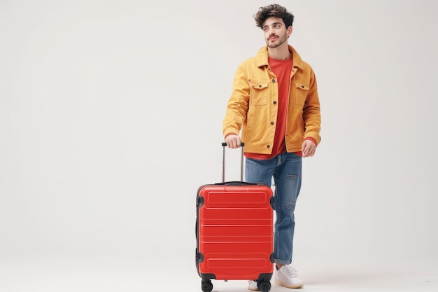 A Young man holding suitcase isolated on white