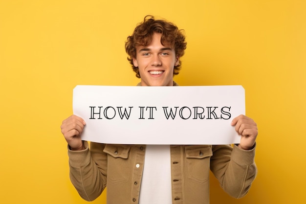 A young man holding a white sign with text text how it works generative ai