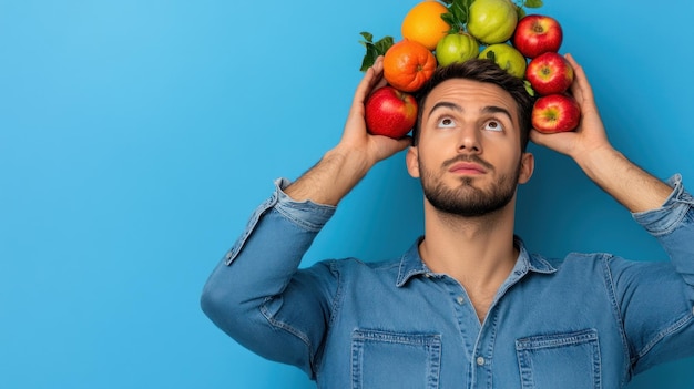 Photo a young man holds a mix of apples oranges and limes on his head smiling as he gazes up with a playful expression in front of a bright blue backdrop