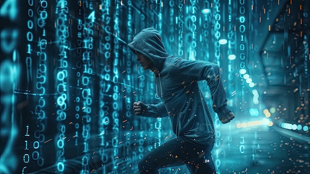 A young man in a hoodie running through a wall of binary code Hacking computer programs