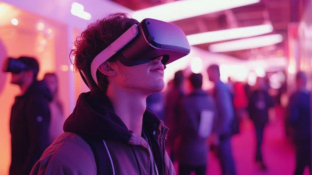 Photo a young man immerses himself in virtual reality at a vibrant technology expo surrounded by fellow