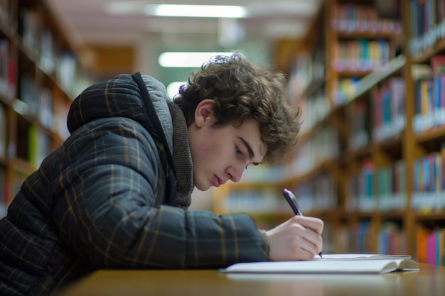 Young man is concentrating on his studies diligently taking notes from a textbook in a quiet library setting