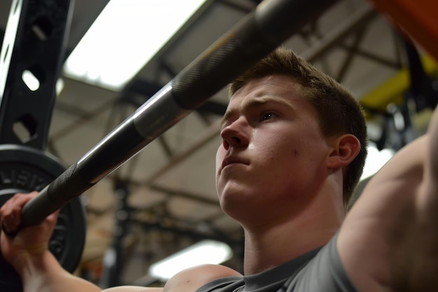 Photo a young man is lifting a heavy barbell in a gym building strength and improving fitness building strength one rep at a time