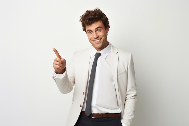 a young man is pointing to the side while standing on white isolated background