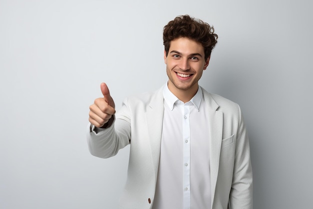 a young man is pointing to the side while standing on white isolated background