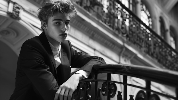 a young man is sitting on a railing and looking at the camera