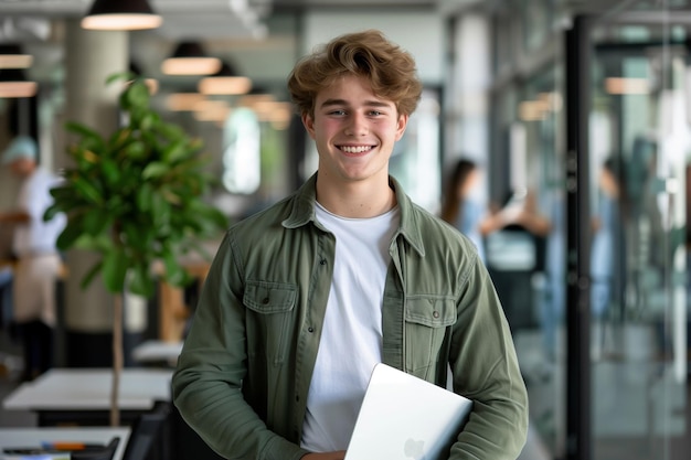 a young man is smiling and holding a folder with a paper in his hand