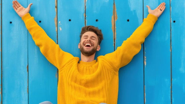 Photo a young man is smiling with arms raised in celebration against a bright blue wooden backdrop exuding happiness and carefree spirit in the warm daylight