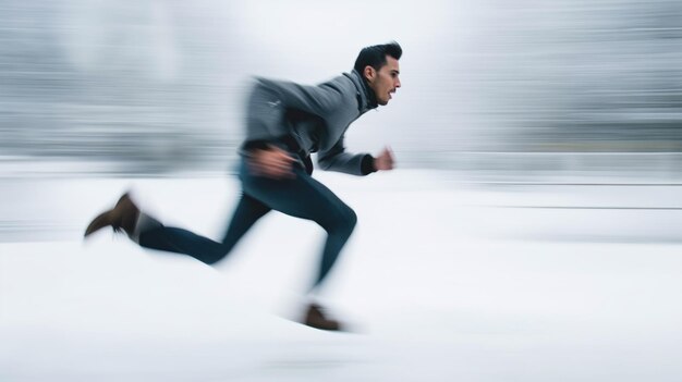 Photo a young man is sprinting through deep powdery snow in a wintery landscape showcasing determination and speed amidst a serene cold environment