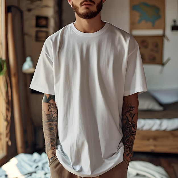 A young man is standing in a bedroom