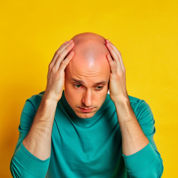 Photo a young man is very sad about his baldness