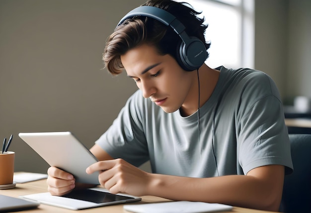 a young man is wearing headphones and reading a tablet