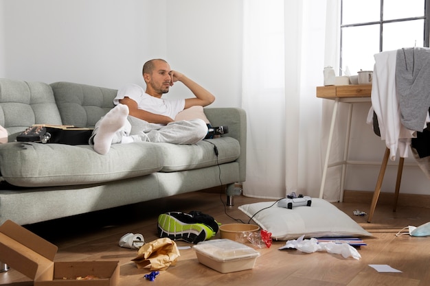 Young man in  isolation at home