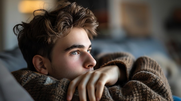 A young man in a knitted sweater looks off to the side with a thoughtful expression