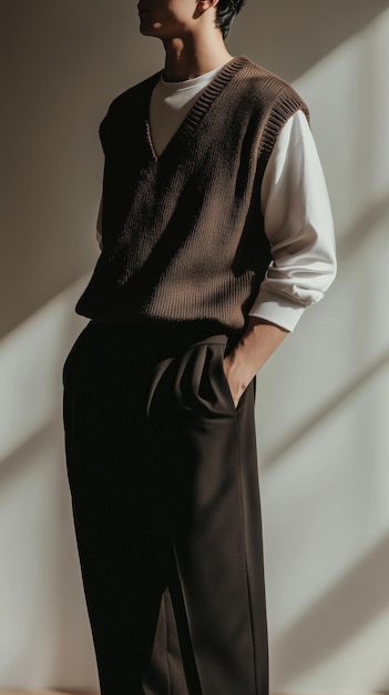 Photo a young man in a knitted vest stands casually with hands in his pockets under soft afternoon light