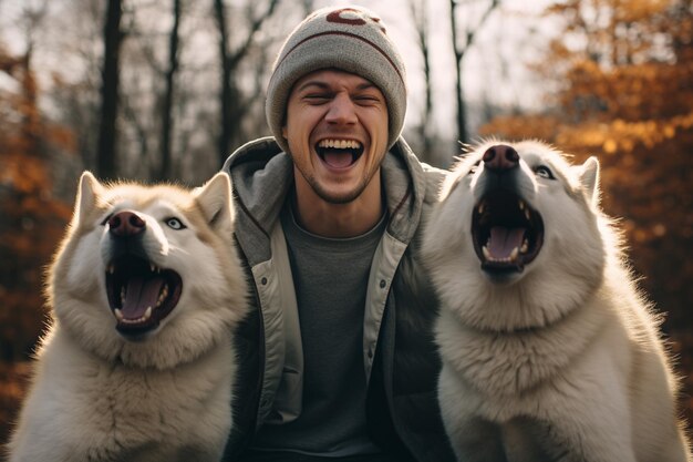 Photo young man laughing with two huskies dogs bokeh style background