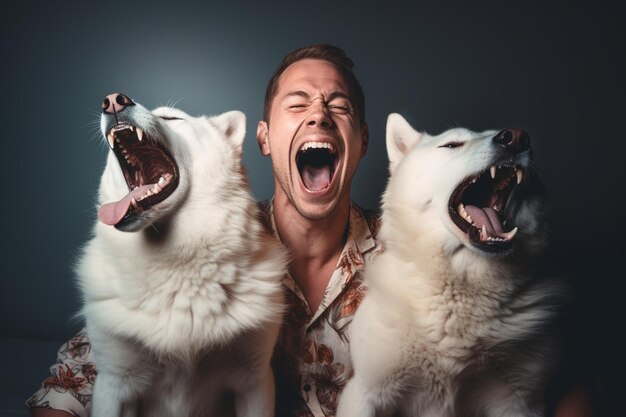 Photo young man laughing with two huskies dogs