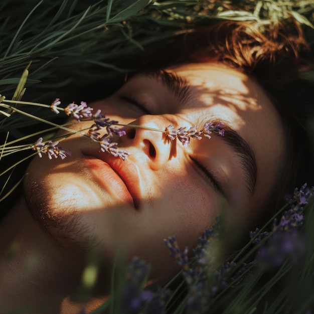 A young man lays in a field of lavender with his eyes closed bathed in the warm sunlight