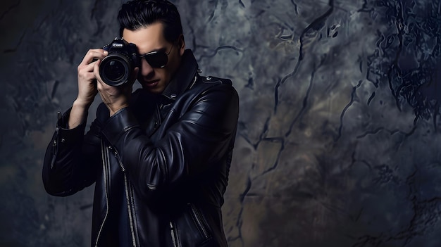 A young man in a leather jacket looks through the viewfinder of his camera