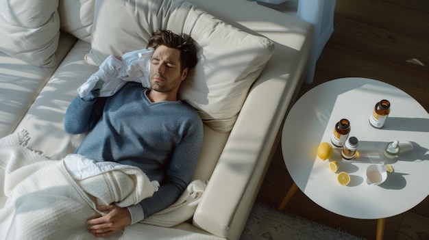 A young man lies in bed with medicines and tissues looking unwell