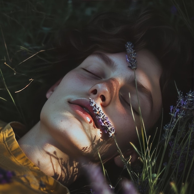 A young man lies in a field of lavender sunlight illuminating his face