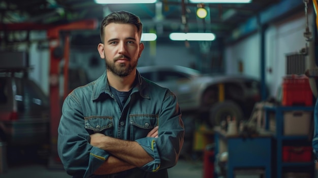 A young man likely a mechanic stands with his arms crossed in a dimly lit garage workshop He appears confident and skilled