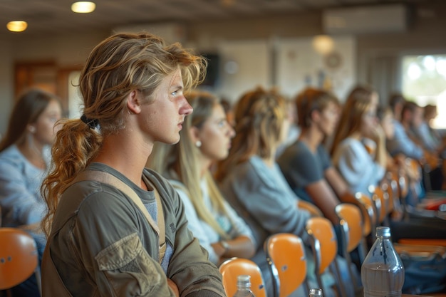 Photo young man listening attentively in a classroom