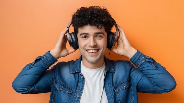 Young man listens to music with headphones