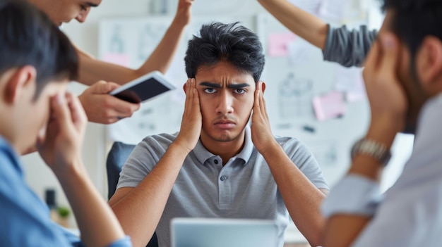 young man looking stressed or overwhelmed holding his head with his hands while surrounded by other people who are busy with their mobile phones and papers