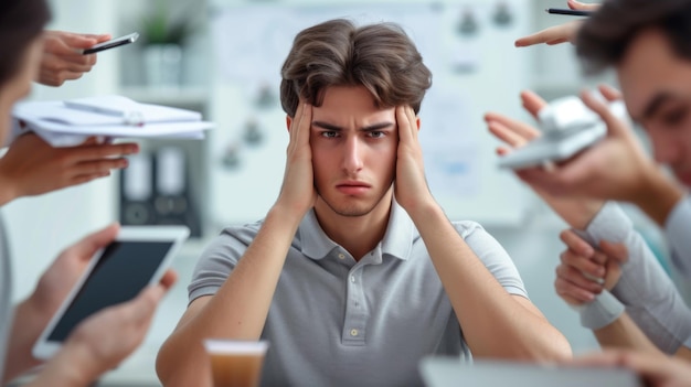 young man looking stressed or overwhelmed holding his head with his hands while surrounded by other people who are busy with their mobile phones and papers