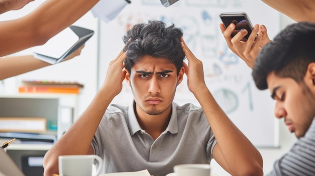 young man looking stressed or overwhelmed holding his head with his hands while surrounded by other people who are busy with their mobile phones and papers