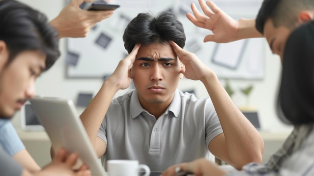 young man looking stressed or overwhelmed holding his head with his hands while surrounded by other people who are busy with their mobile phones and papers