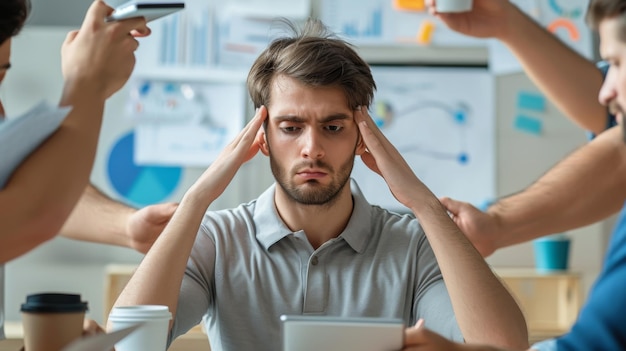 Photo young man looking stressed or overwhelmed holding his head with his hands while surrounded by other people who are busy with their mobile phones and papers