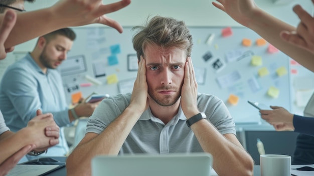 young man looking stressed or overwhelmed holding his head with his hands while surrounded by other people who are busy with their mobile phones and papers