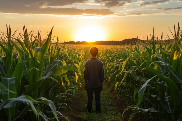 A young man looks at a corn crop in the middle of a field