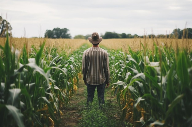 A young man looks at a corn crop in the middle of a field