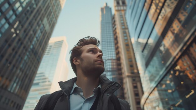 A young man looks up thoughtfully surrounded by the imposing architecture of towering skyscrapers in the heart of a bustling city symbolizing ambition and the pursuit of success within the urban