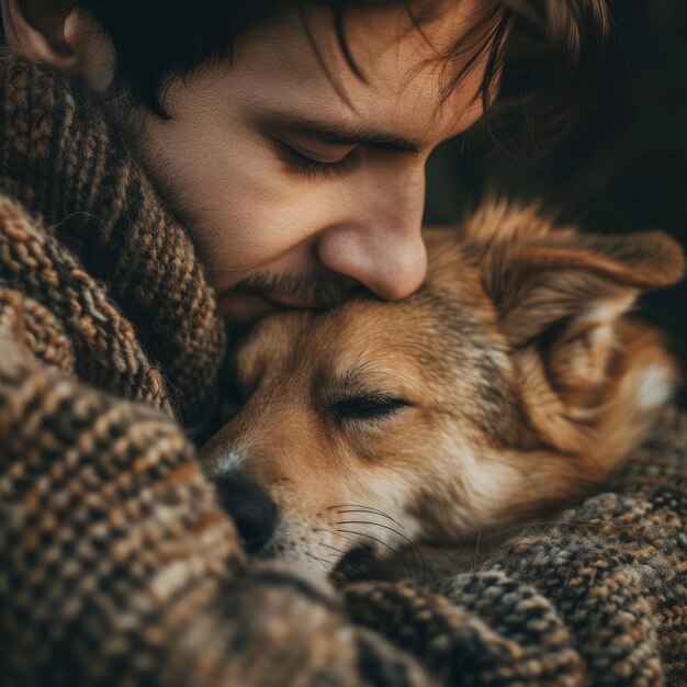 Photo young man lovingly embraces his dog captures a warm moment outdoors during fall cozy and intimate bond between human and pet displays autumn clothing style and emotions perfect for autumn themes ai