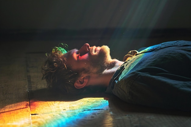 Young man lying on the floor and listening to music with headphones