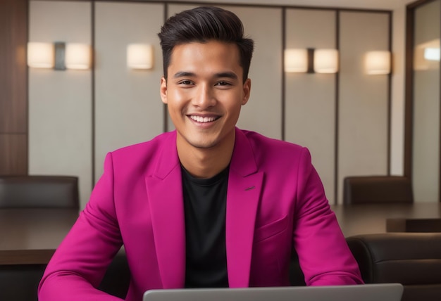 Young man in magenta blazer smiling at camera