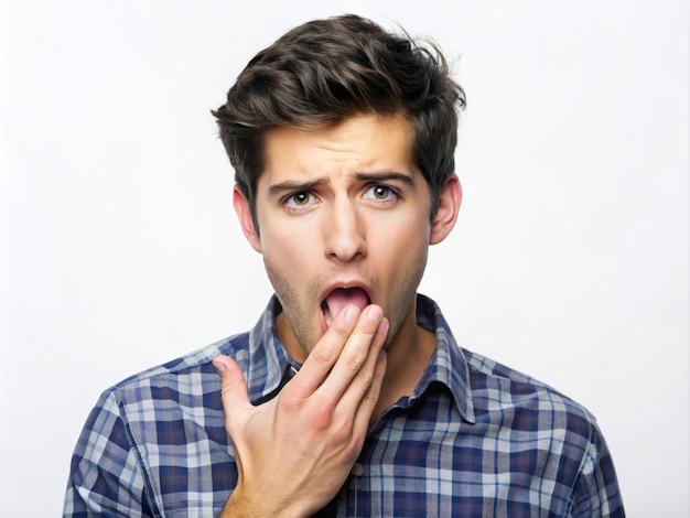 A young man making a disgusted face with her tongue out and hand over her mouth