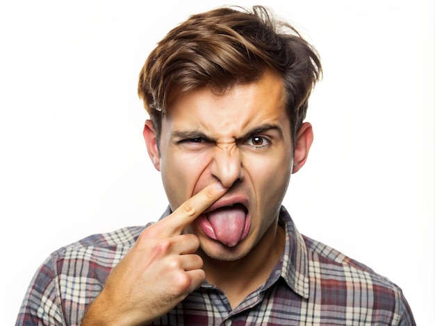 A young man making a disgusted face with her tongue out and hand on her nose