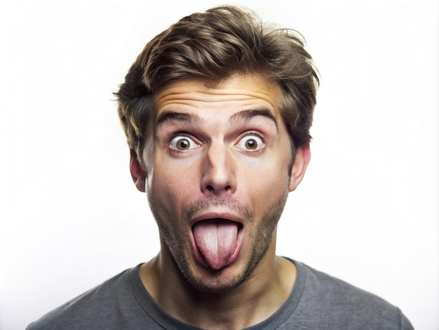 A young man making a funny face with her tongue out and nose wrinkled