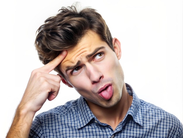 A young man making a skeptical expression with her tongue out