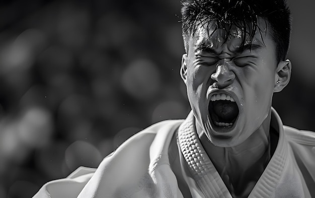 A young man in a martial arts uniform shouts with intensity his face contorted in effort