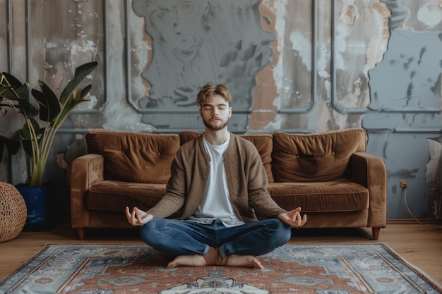 Young man meditating next to a brown couch and frames in the wall in a modern house living roo