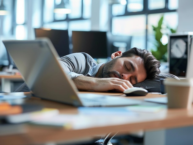 Young man in a modern office naps at his desk head resting on his arm beside an open laptop looking