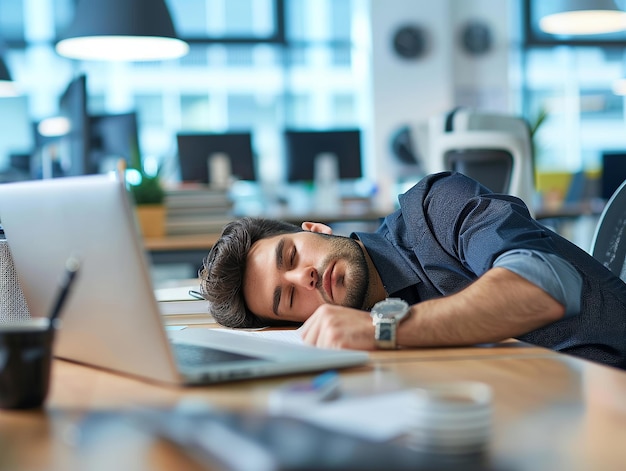 Young man in a modern office naps at his desk head resting on his arm beside an open laptop looking