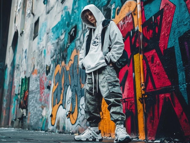 Photo a young man in modern streetwear standing in a colorful alley with graffiti covered walls